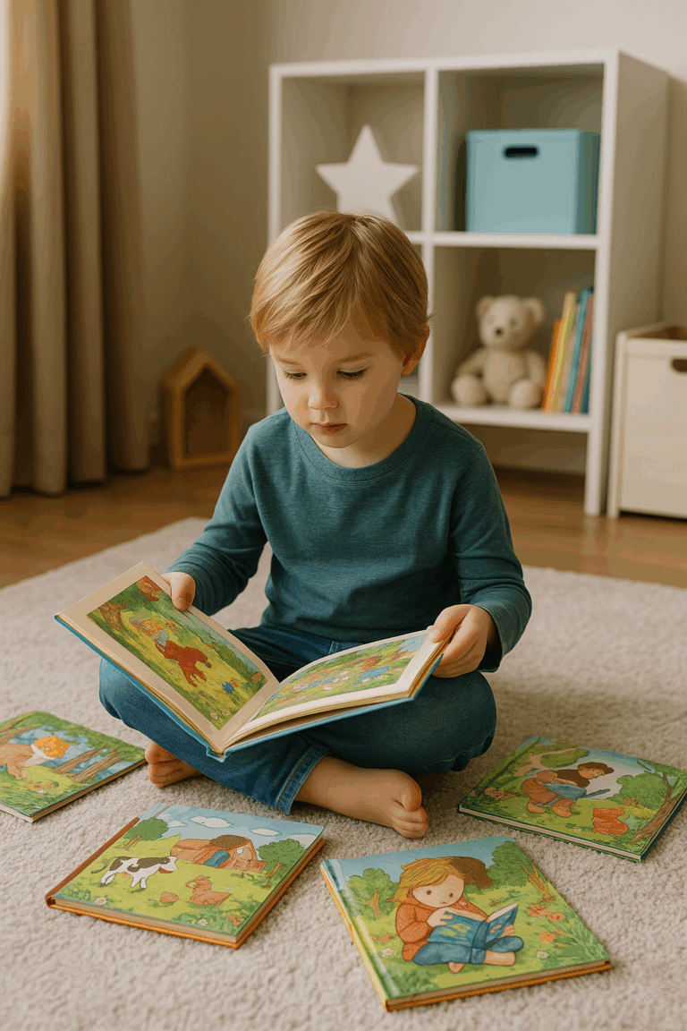 Gyerek képeskönyveket nézeget