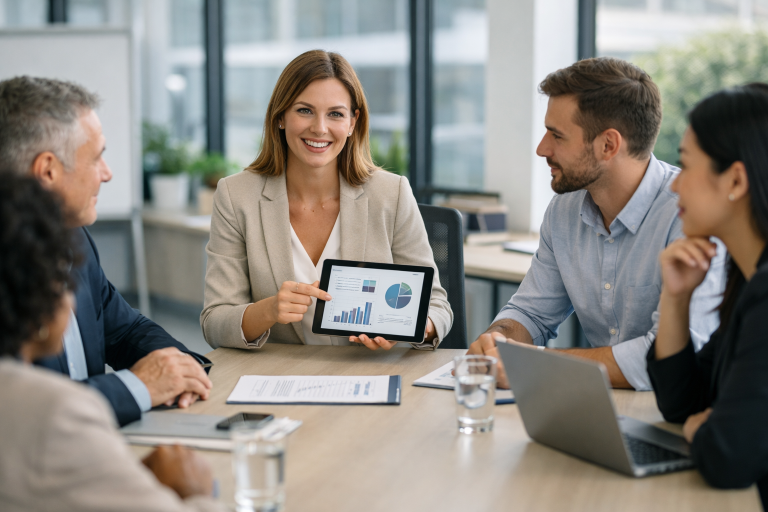 HR szolgáltató csapat stratégiai munkaerő-gazdálkodást egyeztet modern irodában