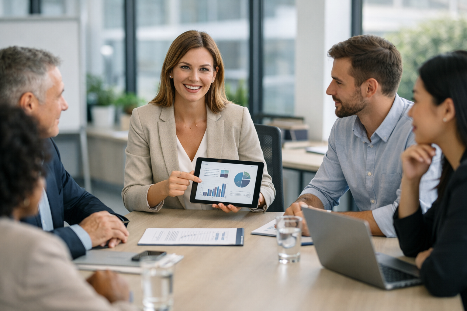 HR szolgáltató csapat stratégiai munkaerő-gazdálkodást egyeztet modern irodában