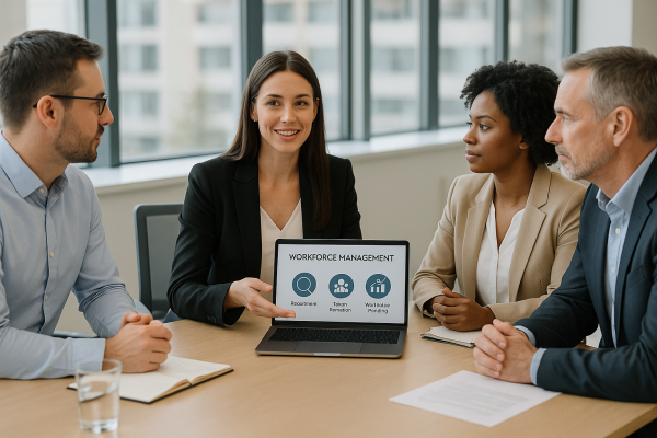 HR szolgáltató csapat stratégiai munkaerő-gazdálkodást egyeztet modern irodában