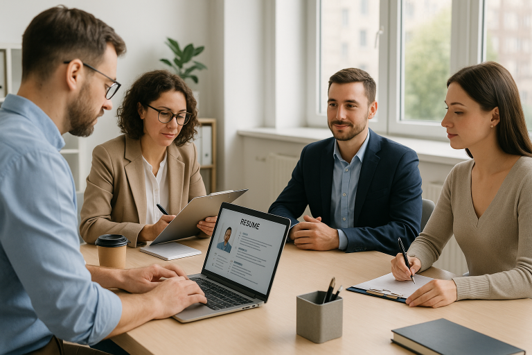 Üzleti toborzás, előszűrés és kiválasztás folyamat modern irodában