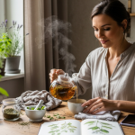 Nő otthon gyógynövénnyel az agyalapi mirigy működés támogatására