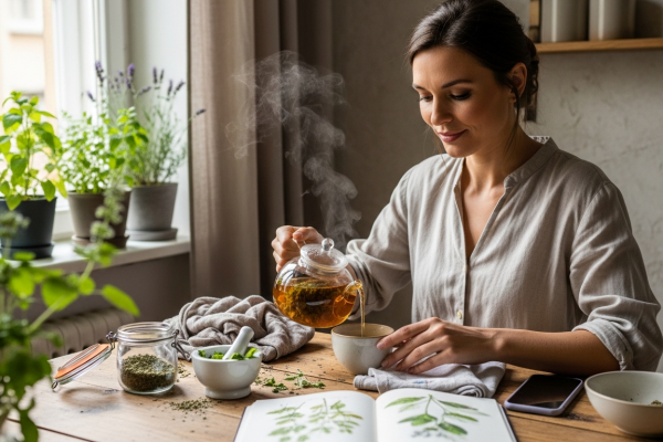 Nő otthon gyógynövénnyel az agyalapi mirigy működés támogatására