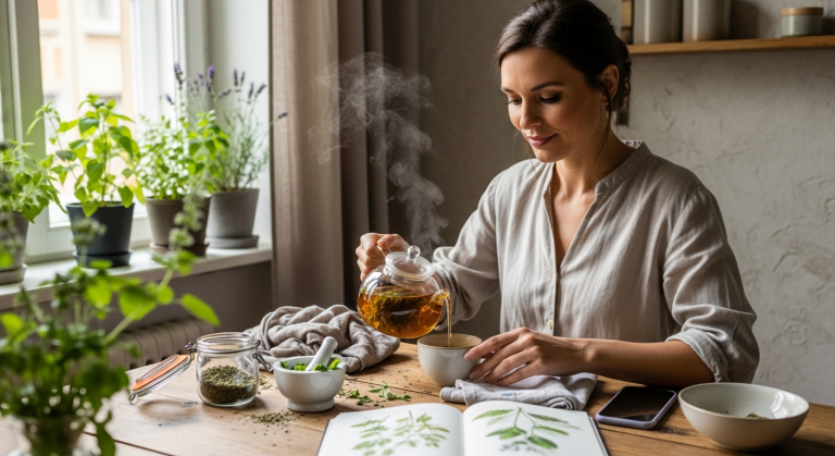 Nő otthon gyógynövénnyel az agyalapi mirigy működés támogatására