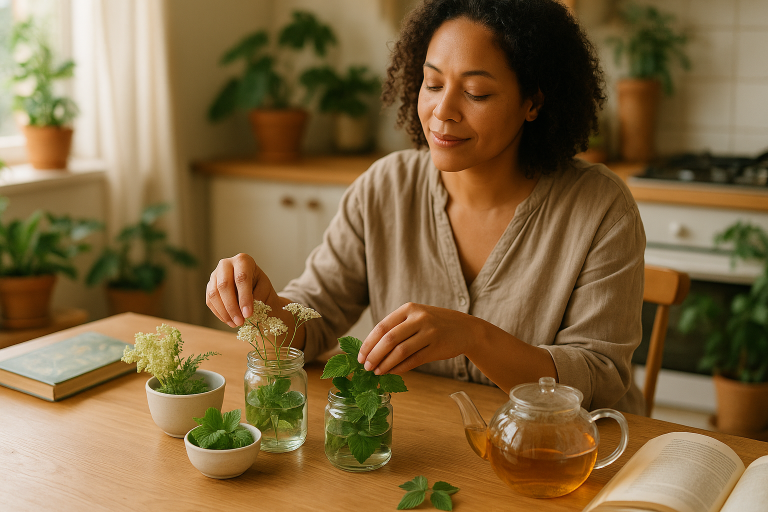 Női hormonrendszer támogatása gyógynövényekkel, nyugodt otthoni környezetben.