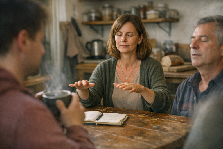 stresszkezelés pszichológus vezet kis csoportos légzőgyakorlatot közösségi konyhában