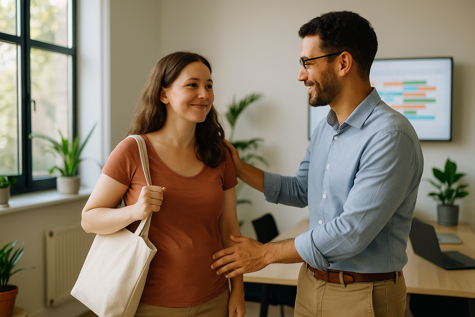Szülési szabadságról visszatérő anyát támogató kolléga modern irodában.