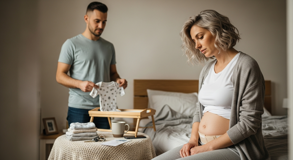 császármetszés pszichológiai hatásai: gondolkodó anya ül, partner figyelmes távolabbról