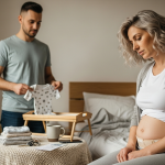 császármetszés pszichológiai hatásai: gondolkodó anya ül, partner figyelmes távolabbról