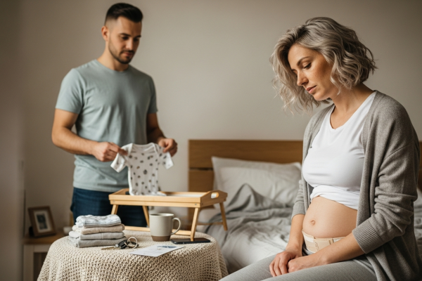 császármetszés pszichológiai hatásai: gondolkodó anya ül, partner figyelmes távolabbról