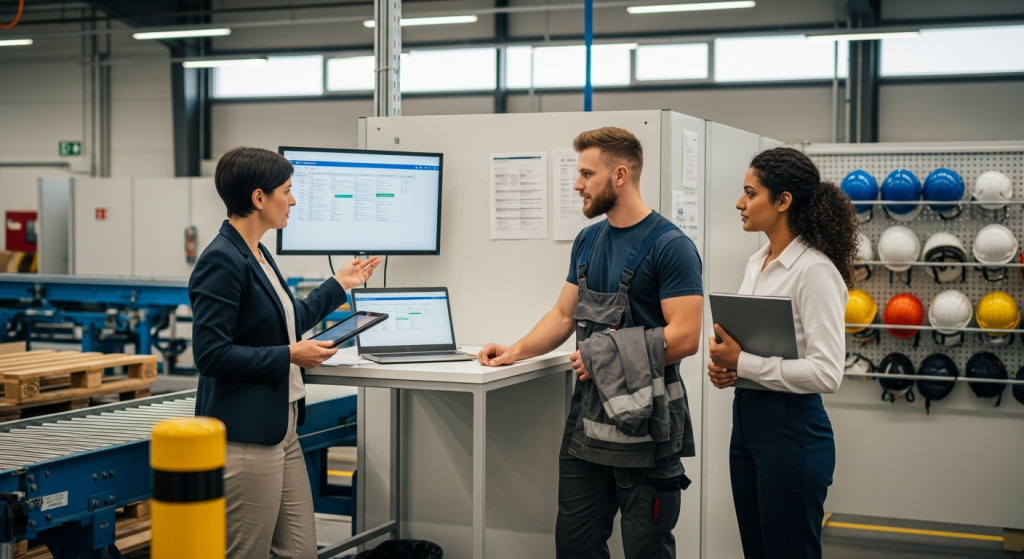 munkaerő kölcsönzés adminisztrációs teher csökkentése — HR megbeszélés gyártócsarnokban