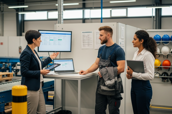 munkaerő kölcsönzés adminisztrációs teher csökkentése — HR megbeszélés gyártócsarnokban