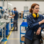 Állások gyári munkásoknak: női dolgozó tabletet mutat modern gyárban