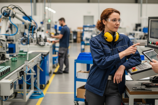 Állások gyári munkásoknak: női dolgozó tabletet mutat modern gyárban