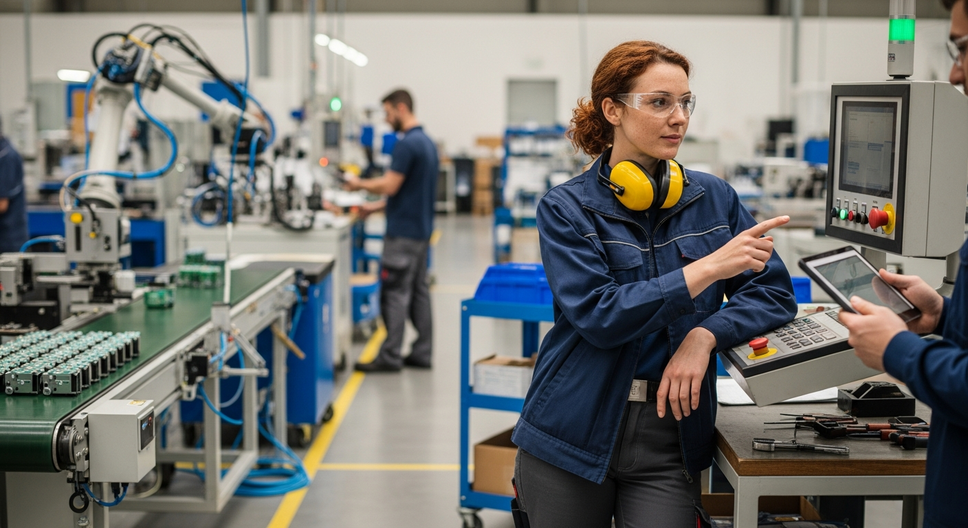 Állások gyári munkásoknak: női dolgozó tabletet mutat modern gyárban