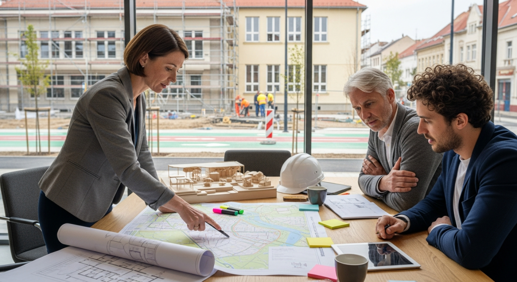 operatív városfejlesztés tervezői megbeszélés térképpel és építkezéssel a háttérben