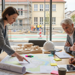 operatív városfejlesztés tervezői megbeszélés térképpel és építkezéssel a háttérben
