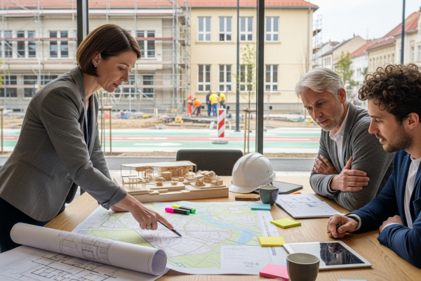 operatív városfejlesztés tervezői megbeszélés térképpel és építkezéssel a háttérben