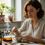 ovuláció szerepe: nő gyógyteát készít napfényes konyhában