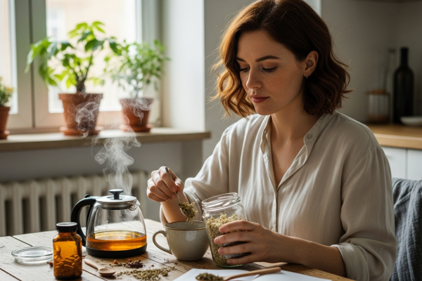 ovuláció szerepe: nő gyógyteát készít napfényes konyhában