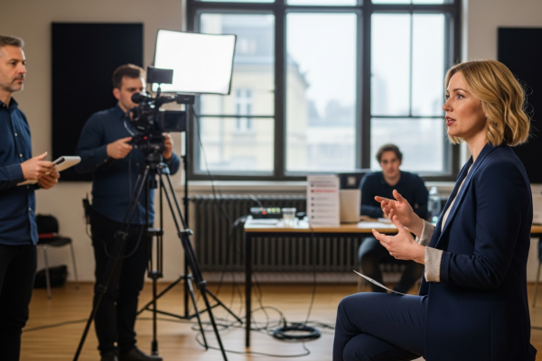 médiatréning budapest női résztvevő kamerás interjún nyugodt, koncentrált