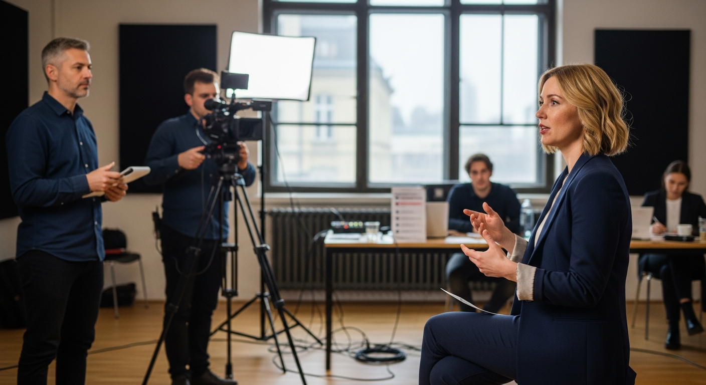 médiatréning budapest női résztvevő kamerás interjún nyugodt, koncentrált